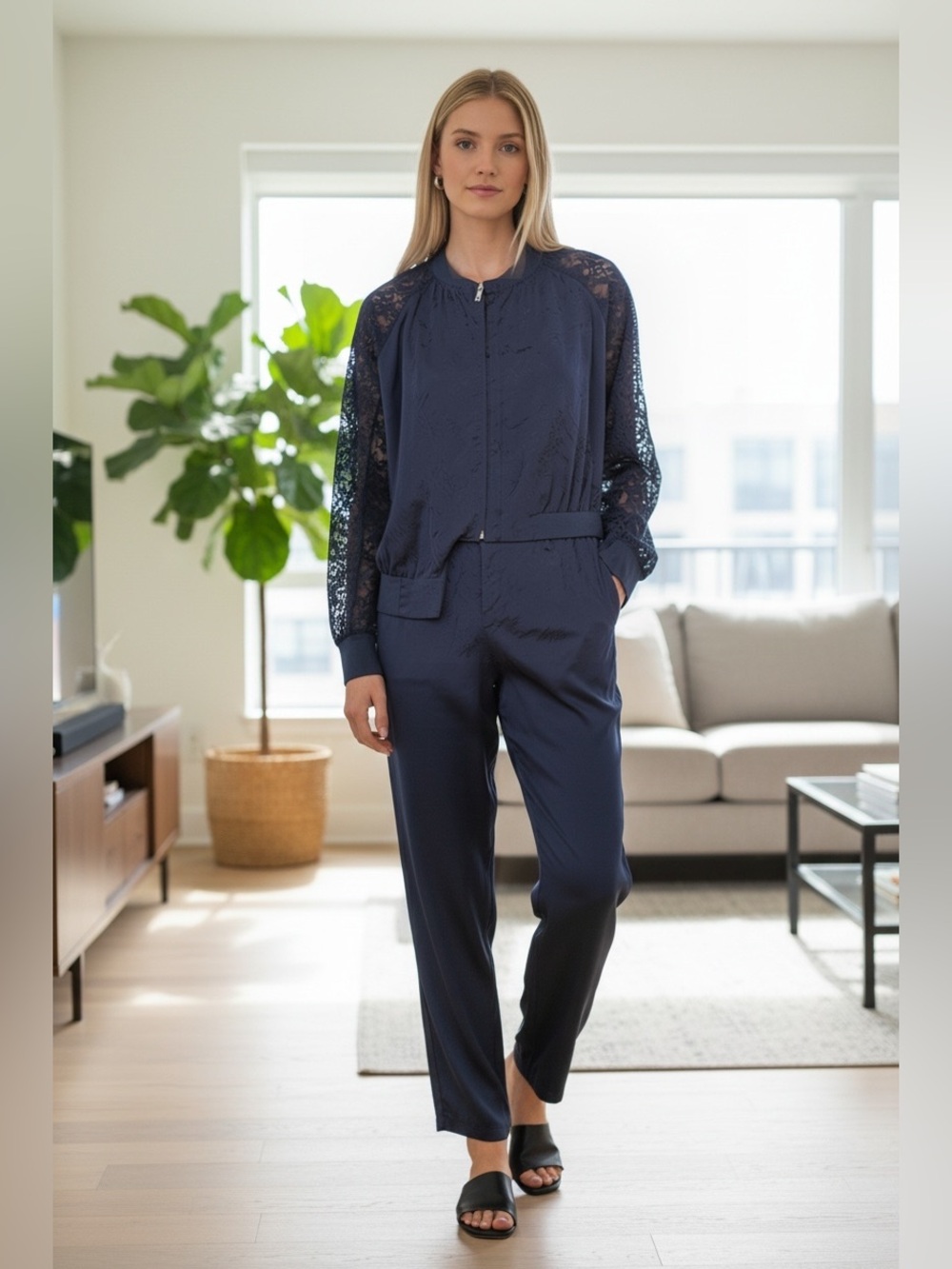 ID Sarrieri Silk and Lace Jacket and Pants Set Midnight Blue Sz M